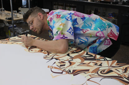 48x60 Japanese Acrylic Pen Painting On Stretched Canvas Ronnie Stelly - "Mourning Coffee" Signed Original