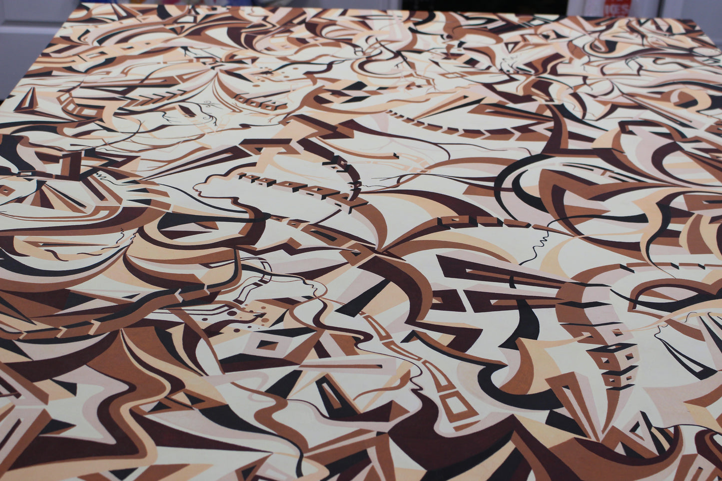 48x60 Japanese Acrylic Pen Painting On Stretched Canvas Ronnie Stelly - "Mourning Coffee" Signed Original